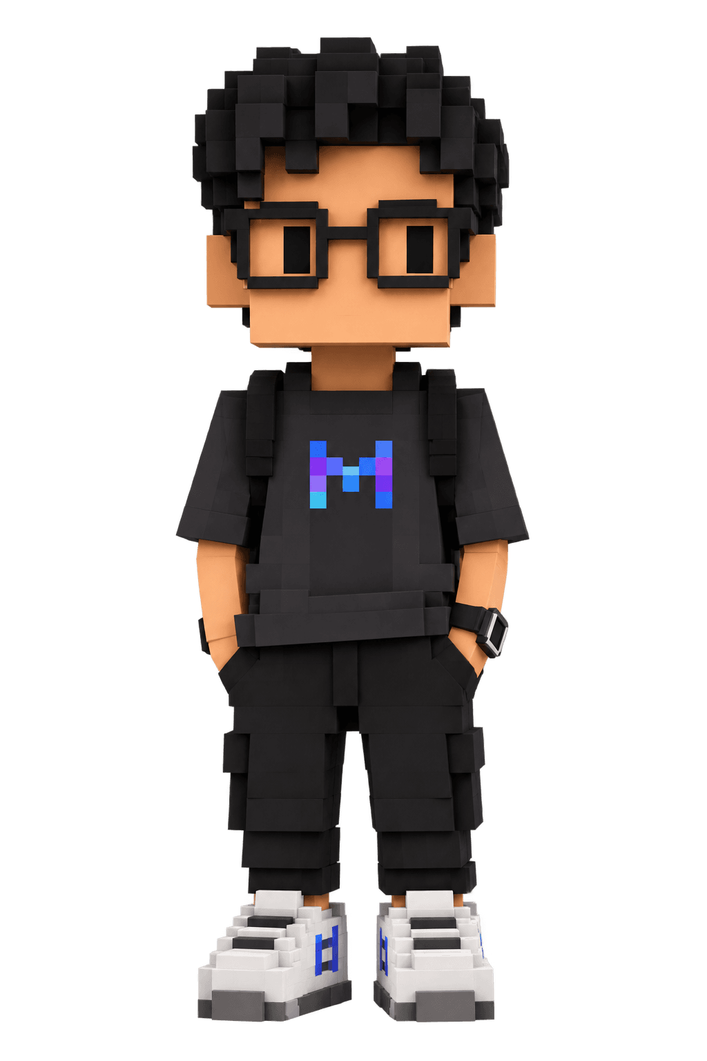 AI-generated voxel avatar of Akira, shown full-length with glasses, a black shirt, and white sneakers
