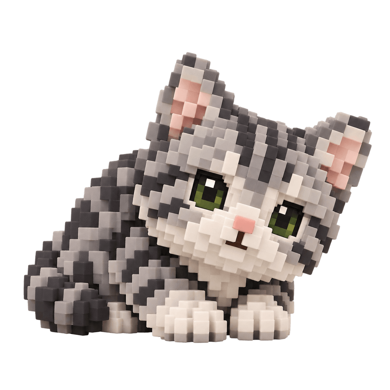 A small silver tabby American Shorthair cat peeking out from behind Akira’s feet in the same voxel illustration style