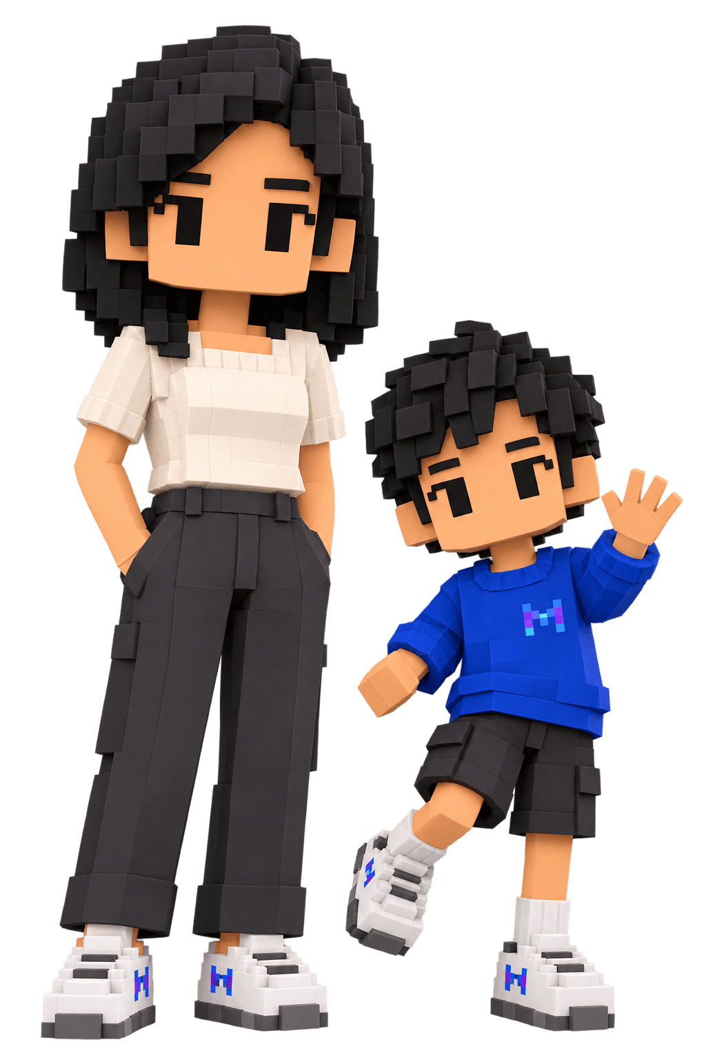 AI-generated voxel illustrations of my wife SASA on the left and my son NORI on the right
